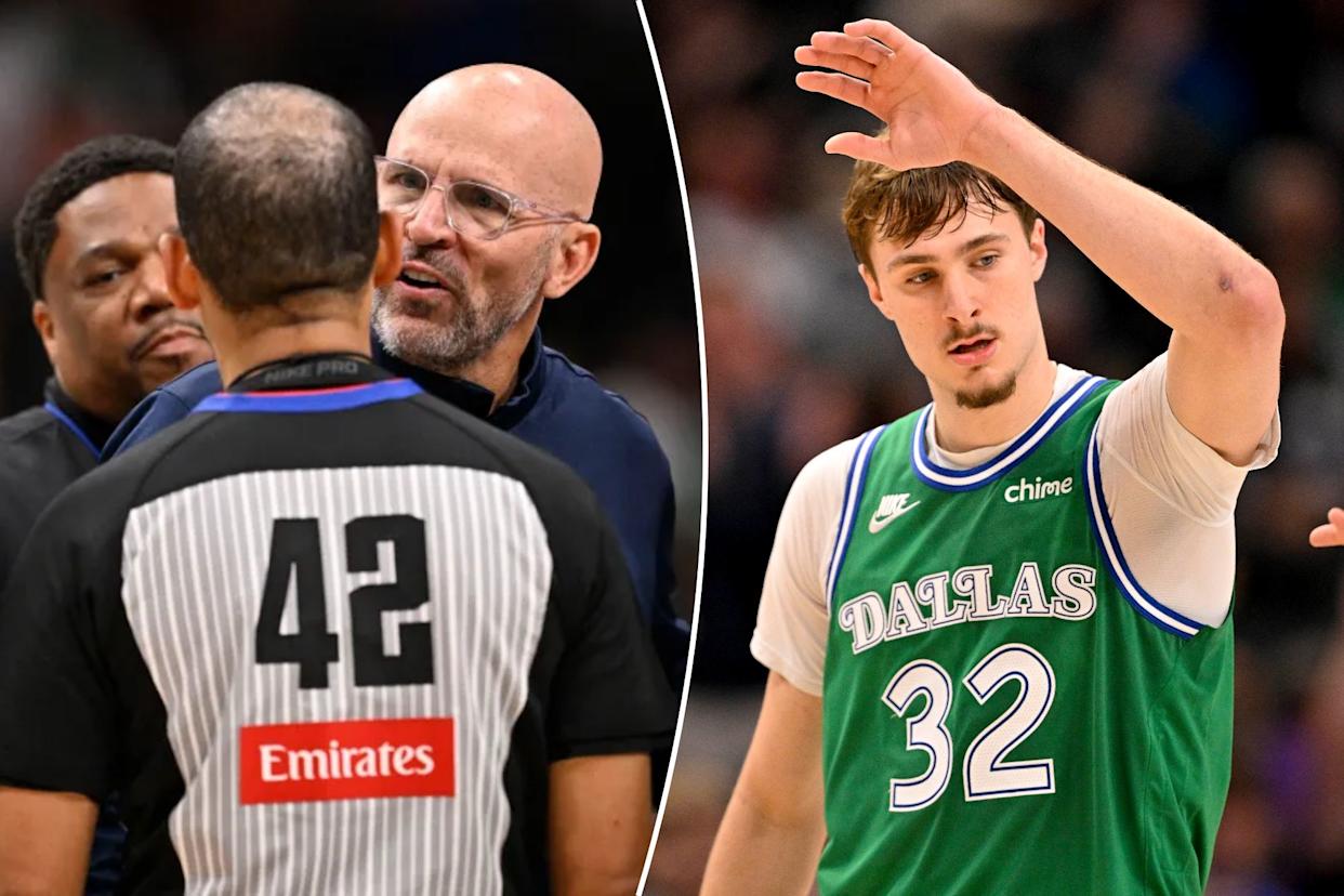 An image collage containing 2 images, Image 1 shows Dallas Mavericks forward Naji Marshall and head coach Jason Kidd speaking to NBA referee Eric Lewis, Image 2 shows Dallas Mavericks player Cooper Flagg raising his hand during a game