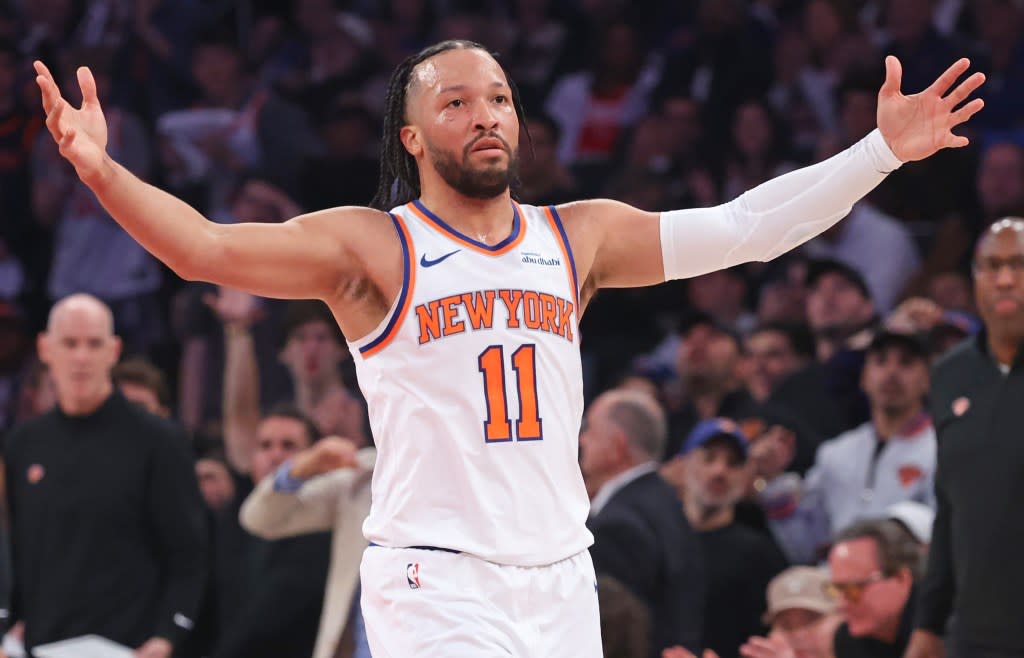Jalen Brunson, who scored 28 points, reacts during his 19-point first quarter in the Knicks’ 113-102 Game 1 win over the Hawks on April 18, 2026 at Madison Square Garden. Charles Wenzelberg / New York Post