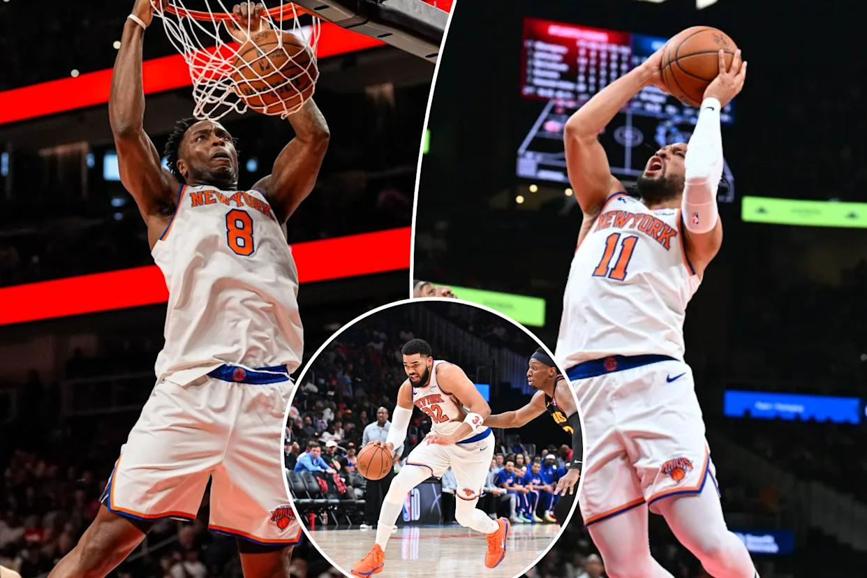 An image collage containing 3 images, Image 1 shows New York Knicks forward Og Anunoby (8) dunks the ball against the Atlanta Hawks during the first half at State Farm Arena. , Image 2 shows Jalen Brunson #11 of the New York Knicks drives to the basket during the game against the Atlanta Hawks on April 6, 2026 at State Farm Arena in Atlanta, Georgia. , Image 3 shows Karl-Anthony Towns dribbles the ball during the game between the New York Knicks and the Atlanta Hawks