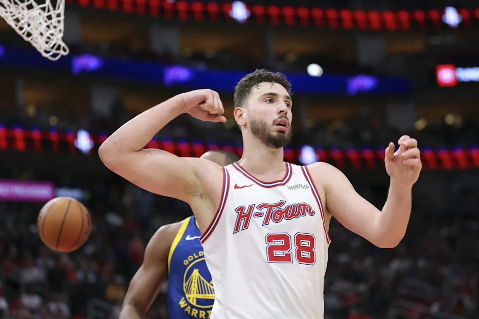 Mar 5, 2026; Houston, Texas, USA; Houston Rockets center Alperen Sengun (28) reacts after scoring a basket during the fourth quarter against the Golden State Warriors at Toyota Center. Mandatory Credit: Troy Taormina-Imagn Images