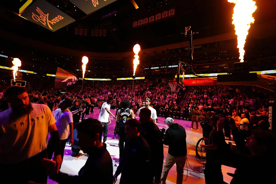 Apr 10, 2026; Denver, Colorado, USA; General view as the Denver Nuggets players are announced before the game against the Oklahoma City Thunder at Ball Arena. Mandatory Credit: Ron Chenoy-Imagn Images