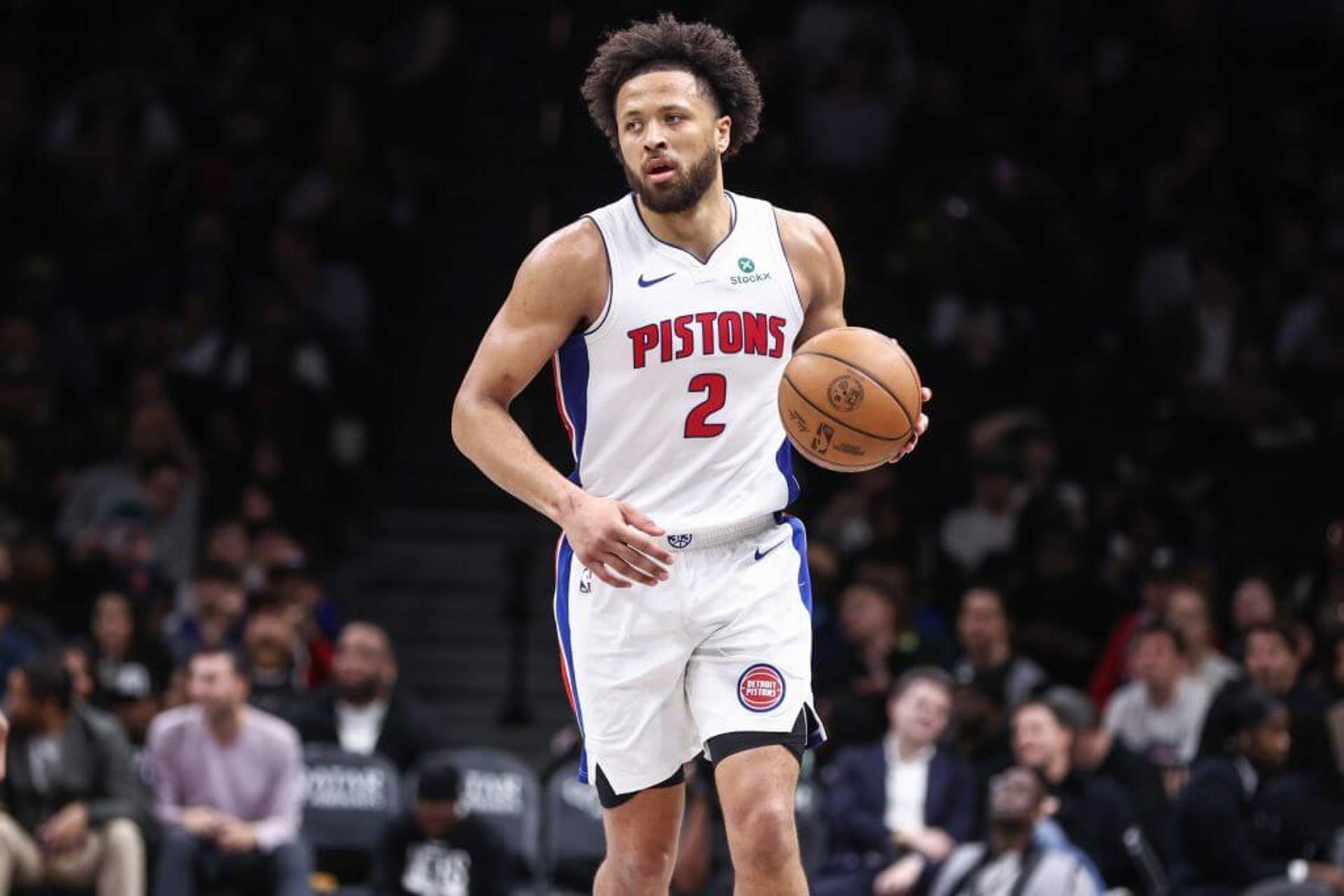 Pistons guard Cade Cunningham playing against the Nets at Barclays Center.