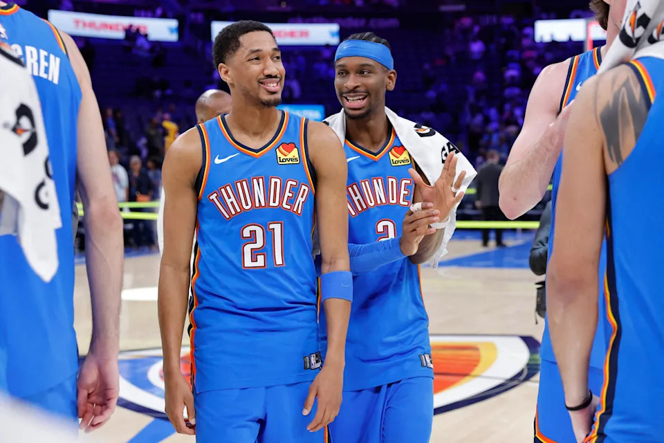 Apr 5, 2026; Oklahoma City, Oklahoma, USA; Oklahoma City Thunder guard Aaron Wiggins (21) and Oklahoma City Thunder guard Shai Gilgeous-Alexander (2) laugh after a game against the Utah Jazz at Paycom Center. Mandatory Credit: Alonzo Adams-Imagn Images