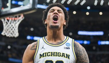 Yaxel Lendeborg #23 of the Michigan Wolverines after being fouled and making a basket during the second half of a NCAA Men's Basketball Tournament Elite Eight game against the Tennessee Volunteers at the United Center on March 29, 2026 in Chicago, Illinois.