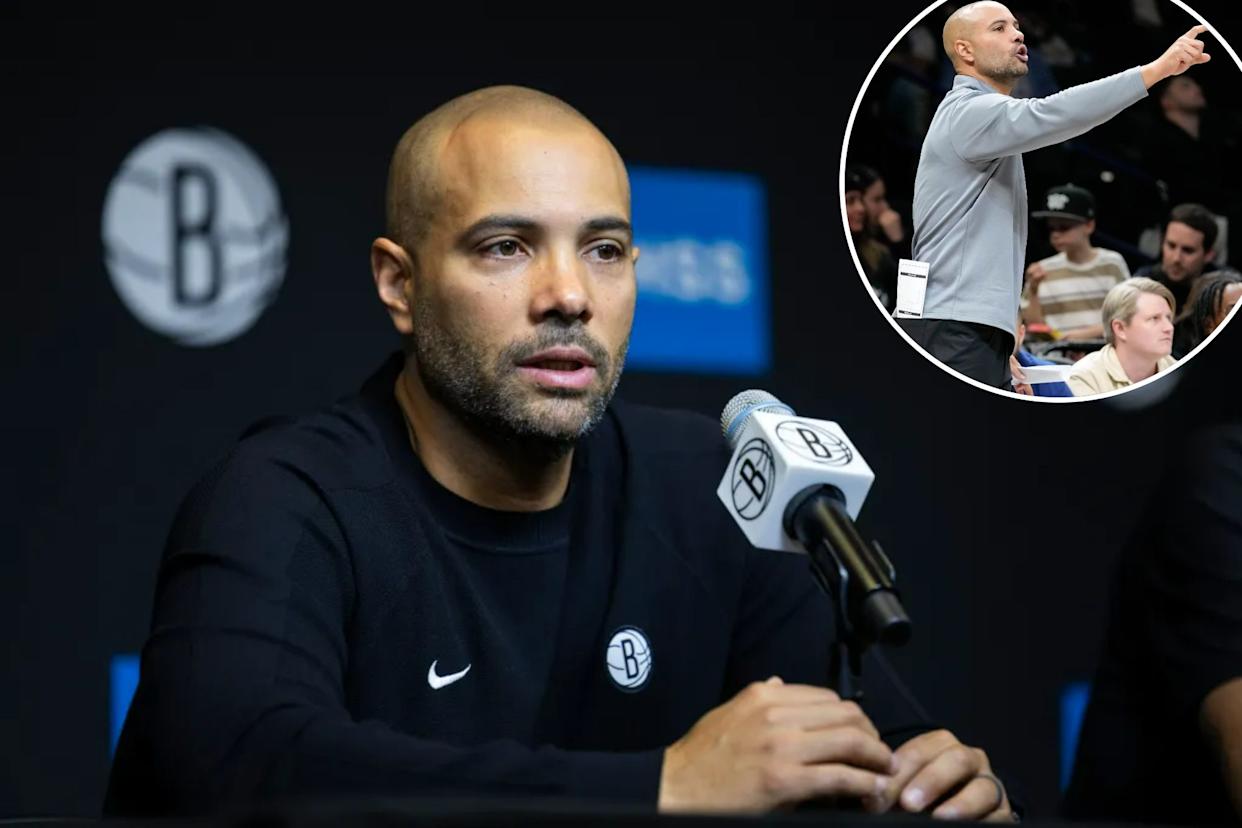 An image collage containing 2 images, Image 1 shows Jordi Fernandez speaking at a press conference with a microphone in front of him, Image 2 shows Brooklyn Nets head coach Jordi Fernandez gestures during a basketball game
