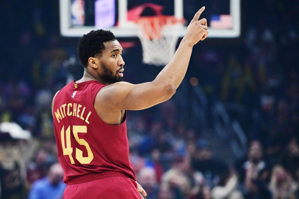 Cleveland Cavaliers guard Donovan Mitchell (45) reacts after a play.