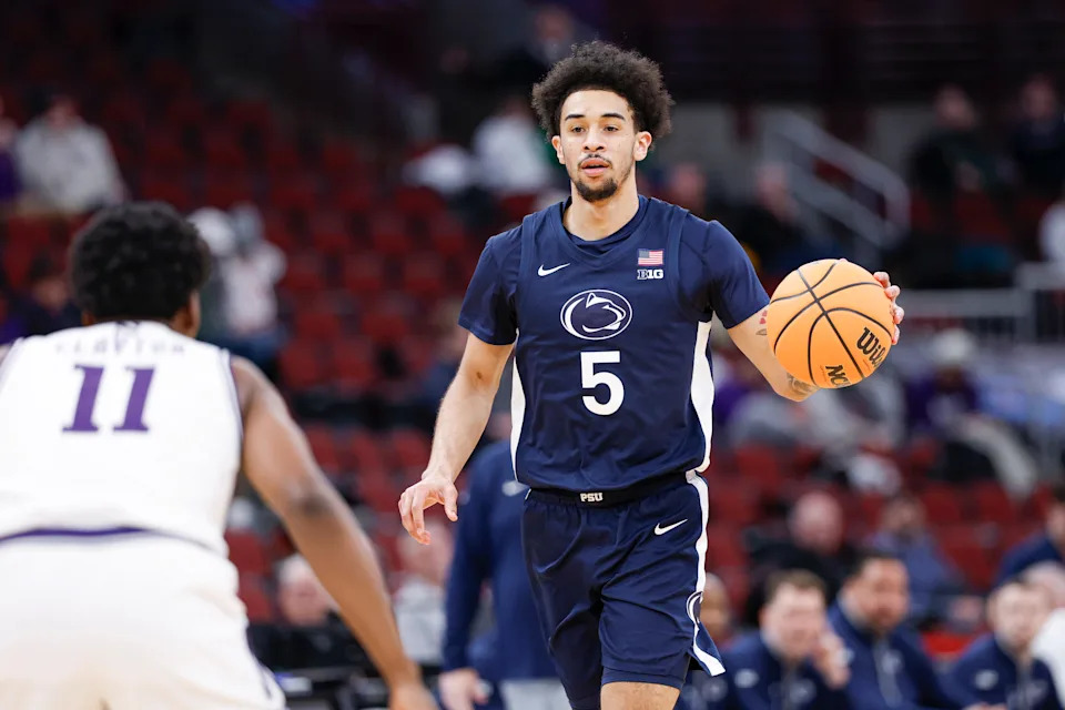 Mar 10, 2026; Chicago, IL, USA; Penn State Nittany Lions guard Freddie Dilione V. (5) brings the ball up court against the Northwestern Wildcats during the first half at United Center. Mandatory Credit: Kamil Krzaczynski-Imagn Images