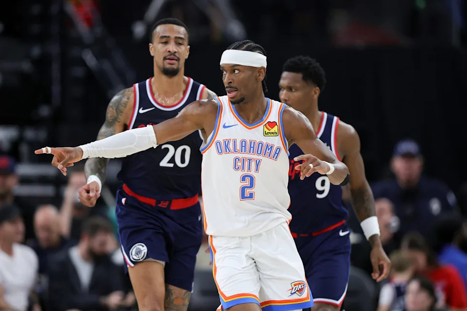 INGLEWOOD, CALIFORNIA - APRIL 08: Shai Gilgeous-Alexander #2 of the Oklahoma City Thunder reacts during the first half of an NBA game against the Los Angeles Clippers at Intuit Dome on April 08, 2026 in Inglewood, California. NOTE TO USER: User expressly acknowledges and agrees that, by downloading and or using this photograph, User is consenting to the terms and conditions of the Getty Images License Agreement. (Photo by Ryan Sirius Sun/Getty Images)