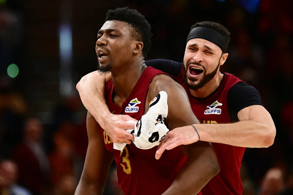 Cleveland Cavaliers center Thomas Bryant (3) and forward Larry Nance Jr. celebrate after a basket by Bryant against the Indiana Pacers on April 5, 2026, in Cleveland.