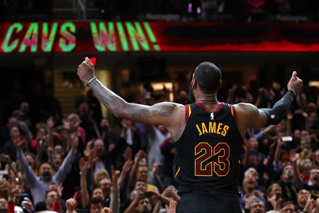 LeBron James of the Cleveland Cavaliers celebrates after hitting the game winning shot to beat the Toronto Raptors 105-103 in Game Three of the Eastern Conference Semifinals during the 2018 NBA Playoffs at Quicken Loans Arena on May 5, 2018 in Cleveland, Ohio. Getty Images