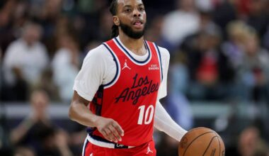 INGLEWOOD, CALIFORNIA - MARCH 14: Darius Garland #10 of the Los Angeles Clippers dribbles during an NBA game against the Sacramento Kings at Intuit Dome on March 14, 2026 in Inglewood, California. NOTE TO USER: User expressly acknowledges and agrees that, by downloading and or using this photograph, User is consenting to the terms and conditions of the Getty Images License Agreement. (Photo by Ryan Sun/Getty Images)
