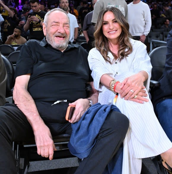 Dick Wolf and Mariska Hargitay attend a basketball game between the Los Angeles Lakers and the Houston Rockets at Crypto.com Arena on April 29, 2026 in Los Angeles, California. (Photo by Allen Berezovsky/Getty Images) Celebrities At The Los Angeles Lakers Game