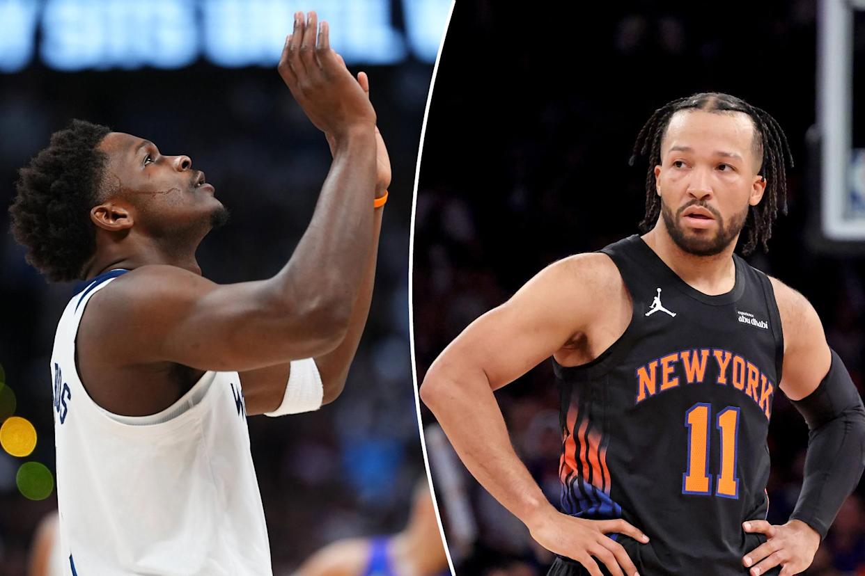 An image collage containing 2 images, Image 1 shows Anthony Edwards gestures before tipoff, Image 2 shows New York Knicks guard Jalen Brunson #11 reacts during the second quarter