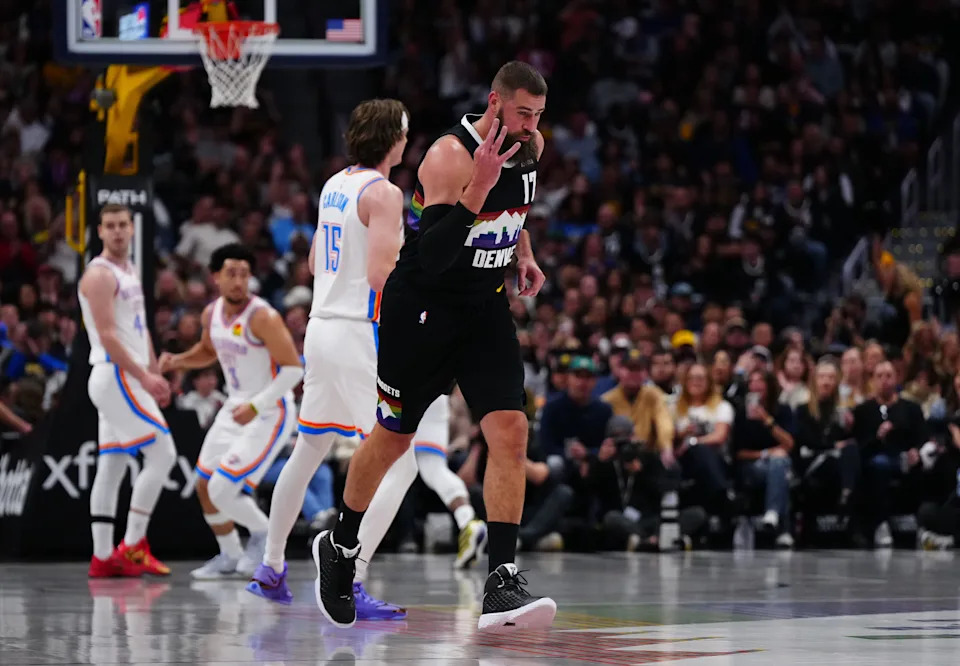 Apr 10, 2026; Denver, Colorado, USA; Denver Nuggets center Jonas Valanciunas (17) reacts to his three point score in the second quarter against the Oklahoma City Thunder at Ball Arena. Mandatory Credit: Ron Chenoy-Imagn Images
