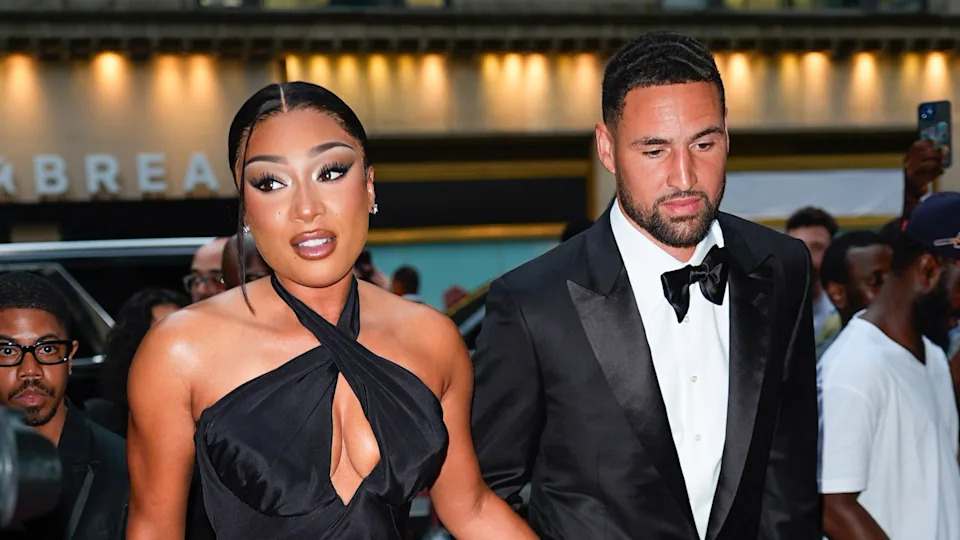 NEW YORK, NY - JULY 16: Megan Thee Stallion and Klay Thompson are seen on July 16, 2025 in New York City.