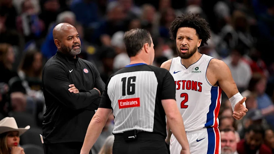 Mar 21, 2025; Dallas, Texas, USA; Detroit Pistons guard Cade Cunningham (2) and head coach J.B. Bickerstaff react to a technical foul call by referee David Guthrie (16) during the second half against the <a class="link " href="https://sports.yahoo.com/nba/teams/dallas/" data-i13n="sec:content-canvas;subsec:anchor_text;elm:context_link" data-ylk="slk:Dallas Mavericks;sec:content-canvas;subsec:anchor_text;elm:context_link;itc:0" data-yga="{"yLinkElement":"context_link","yModuleName":"content-canvas","yLinkText":"Dallas Mavericks","ySubModuleName":"anchor_text","yHasCommerce":false}">Dallas Mavericks</a> at the American Airlines Center. Mandatory Credit: Jerome Miron-Imagn Images© Jerome Miron-Imagn Images