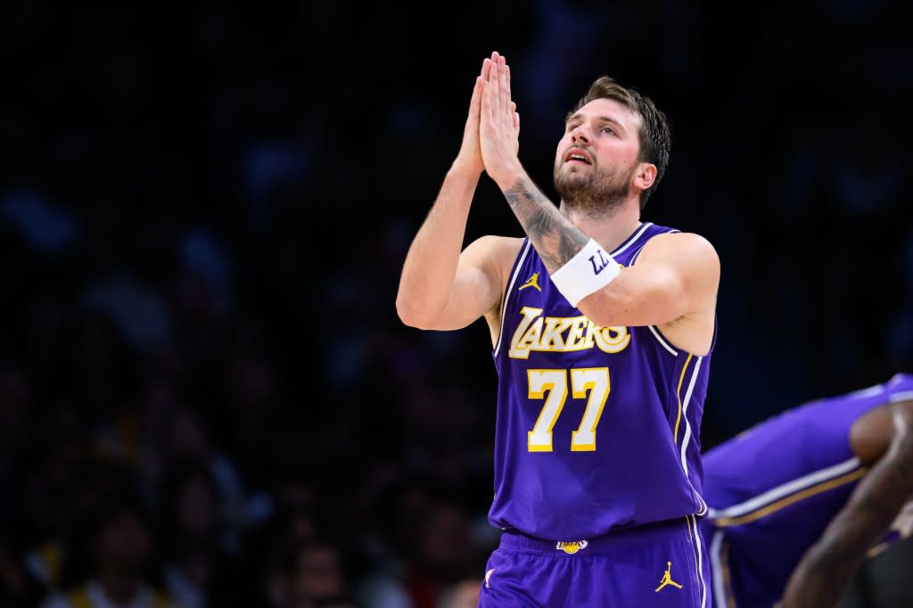Los Angeles Lakers guard Luka Doncic gestures during the second half against the Brooklyn Nets at Crypto.com Arena. Mandatory Credit: William Liang-Imagn Images William Liang-Imagn Images