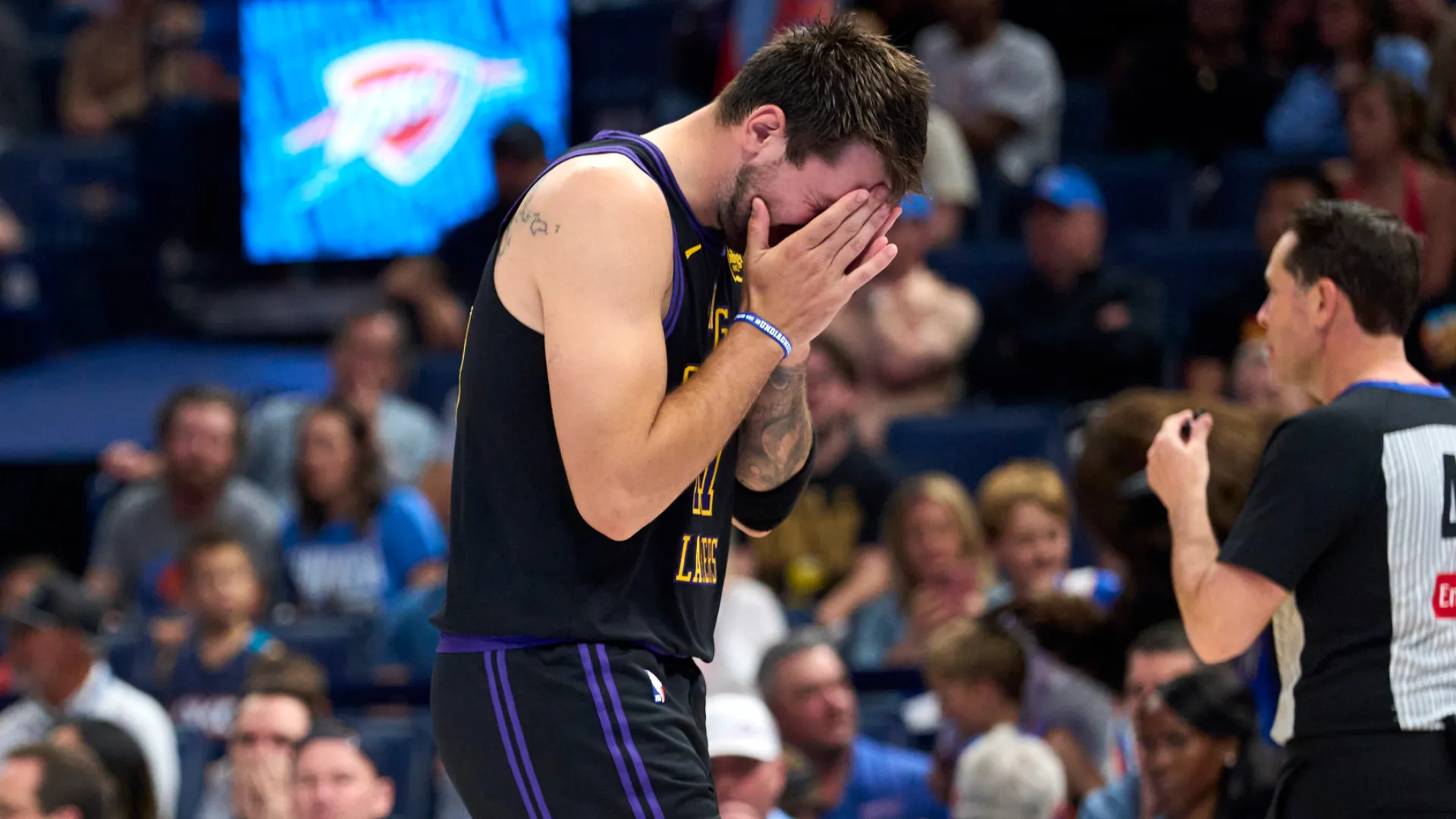 Luka Doncic reacts after getting injured vs OKC. (Getty Images)