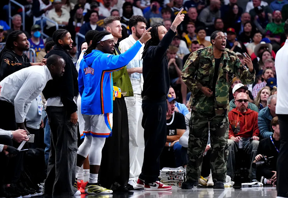 Apr 10, 2026; Denver, Colorado, USA; Members of the Oklahoma City Thunder react from the bench in the third quarter against the Denver Nuggets at Ball Arena. Mandatory Credit: Ron Chenoy-Imagn Images