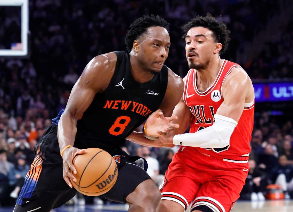 Forward OG Anunoby of the New York Knicks drives to the basket during the first half. Jason Szenes for the New York Post