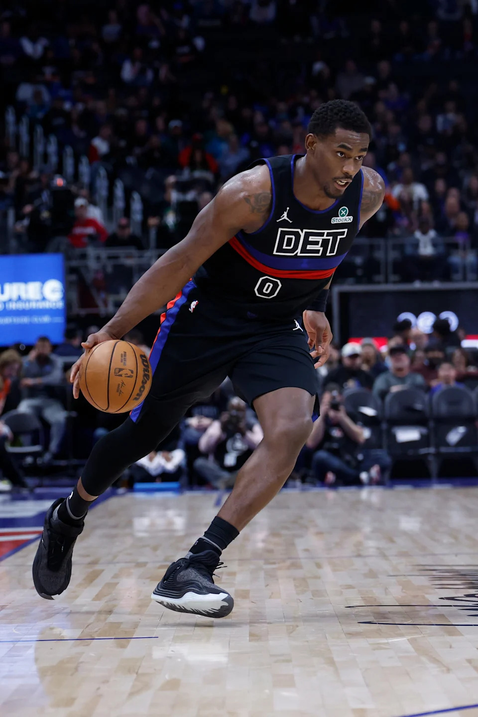 Detroit Pistons center Jalen Duren (0) dribbles the ball against the Minnesota Timberwolves in the first half at Little Caesars Arena in Detroit on Thursday, April 2, 2026.