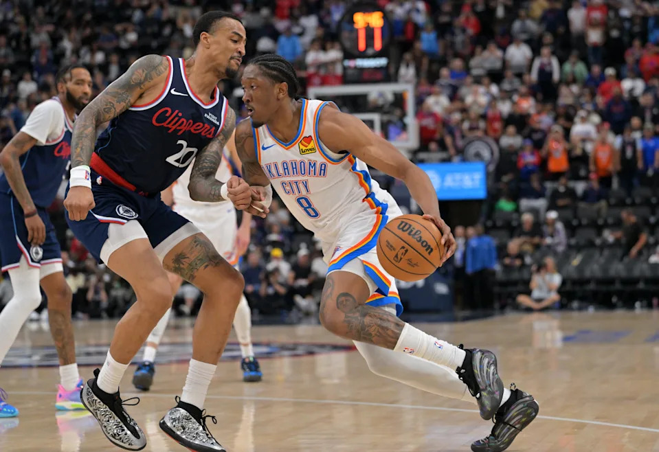 Apr 8, 2026; Inglewood, California, USA; Los Angeles Clippers forward John Collins (20) defends Oklahoma City Thunder guard Jalen Williams (8) as he drives to the basket in the second half at Intuit Dome. Mandatory Credit: Jayne Kamin-Oncea-Imagn Images