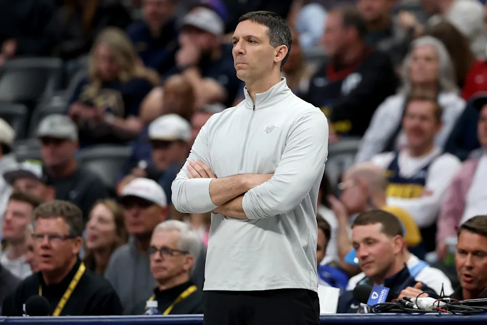 DENVER, COLORADO - APRIL 10: Head coach Mark Daigneault of the Oklahoma City Thunder watches as his team plays the Denver Nuggets during the first quarter at Ball Arena on April 10, 2026 in Denver, Colorado. NOTE TO USER: User expressly acknowledges and agrees that, by downloading and or using this photograph, User is consenting to the terms and conditions of the Getty Images License Agreement. (Photo by Matthew Stockman/Getty Images)