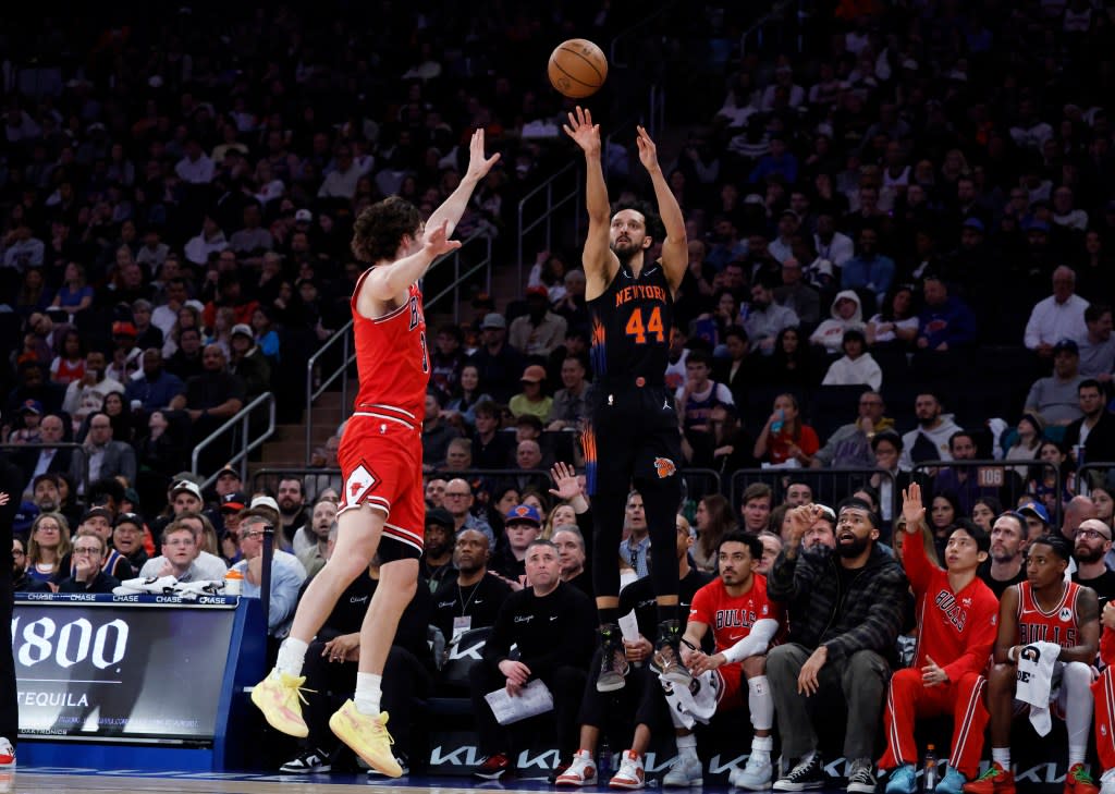 Knicks guard Landry Shamet puts up a shot as guard Josh Giddey #3 of the Chicago Bulls defends during the first half at Madison Square Garden, Friday April 3rd, 2026, in New York, NY. Jason Szenes for the New York Post