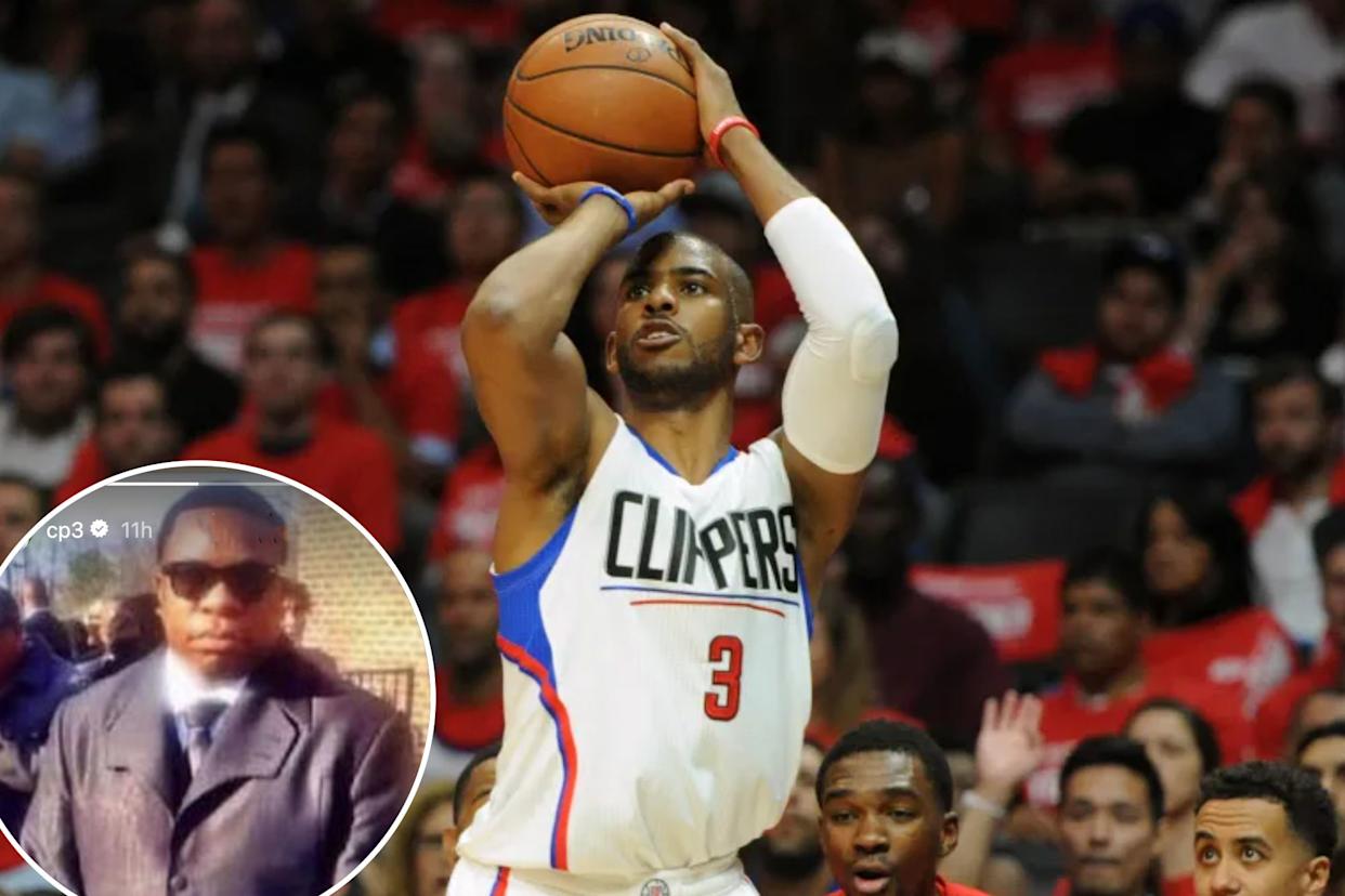 An image collage containing 2 images, Image 1 shows Los Angeles Clippers guard Chris Paul shooting a three-point basket during a basketball game, Image 2 shows Man in a suit and sunglasses, with hands clasped in front of him