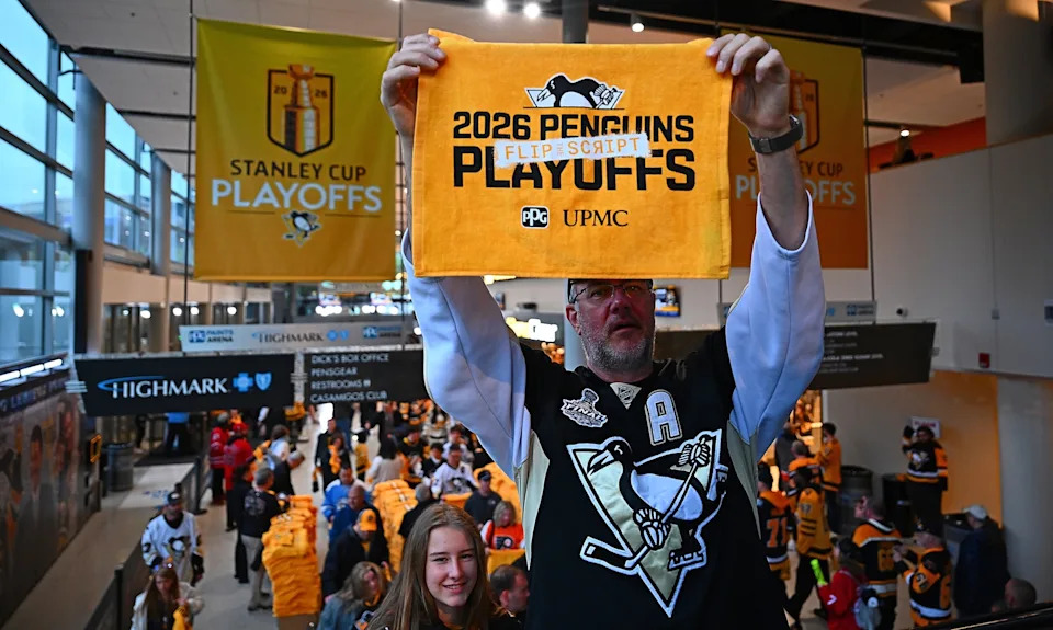 A Penguins fan holds up a rally towel before Game 1. (Justin Berl/Getty Images)