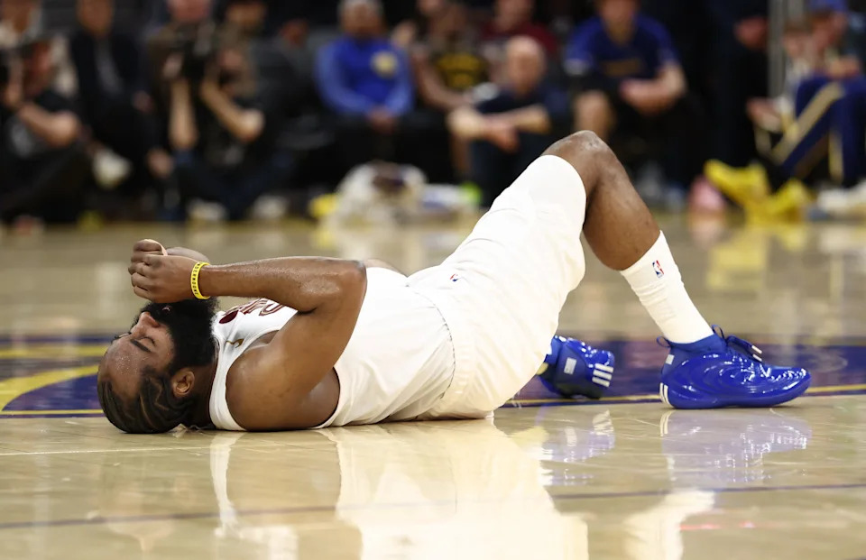 Apr 2, 2026; San Francisco, California, USA; Cleveland Cavaliers guard James Harden (1) on the floor after a play against the Golden State Warriors during the third quarter at Chase Center. Mandatory Credit: Kelley L Cox-Imagn Images