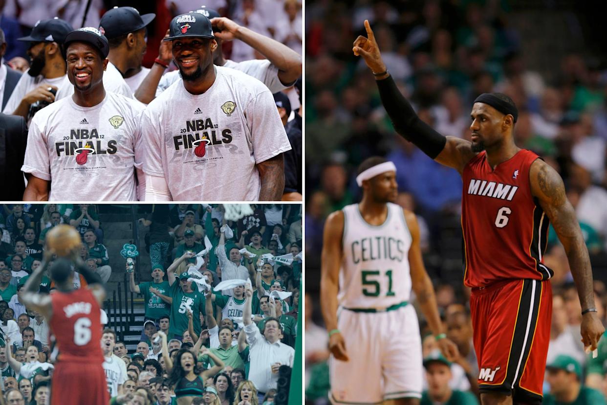 An image collage containing 3 images, Image 1 shows Dwyane Wade and LeBron James smiling and wearing t-shirts and hats celebrating the Miami Heat's Eastern Conference Finals victory, Image 2 shows Basketball player LeBron James shooting a free throw as Boston Celtics fans in the stands taunt him, Image 3 shows LeBron James of the Miami Heat reacting after a foul call during Game 6 of the Eastern Conference Finals