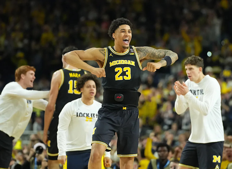 Apr 4, 2026; Indianapolis, IN, USA; Michigan Wolverines forward Yaxel Lendeborg (23) reacts against the Arizona Wildcats in the first half during a semifinal of the Final Four of the men's 2026 NCAA Tournament at Lucas Oil Stadium. Mandatory Credit: Robert Deutsch-Imagn Images