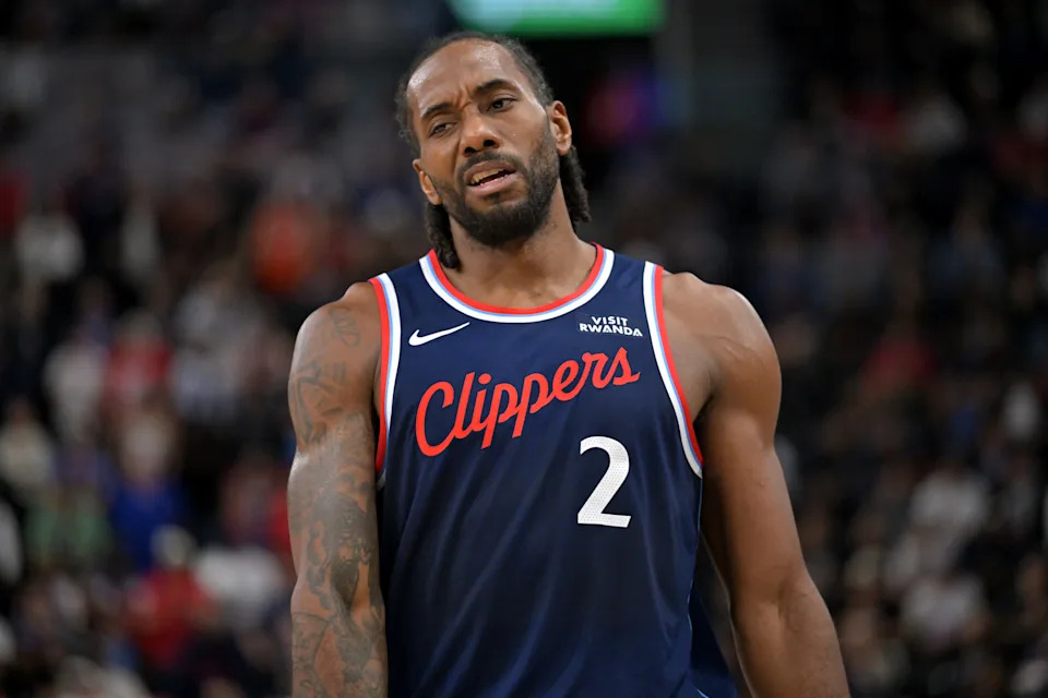 Apr 8, 2026; Inglewood, California, USA; Los Angeles Clippers forward Kawhi Leonard (2) reacts after a missed basket in the second half against the Oklahoma City Thunder at Intuit Dome. Mandatory Credit: Jayne Kamin-Oncea-Imagn Images