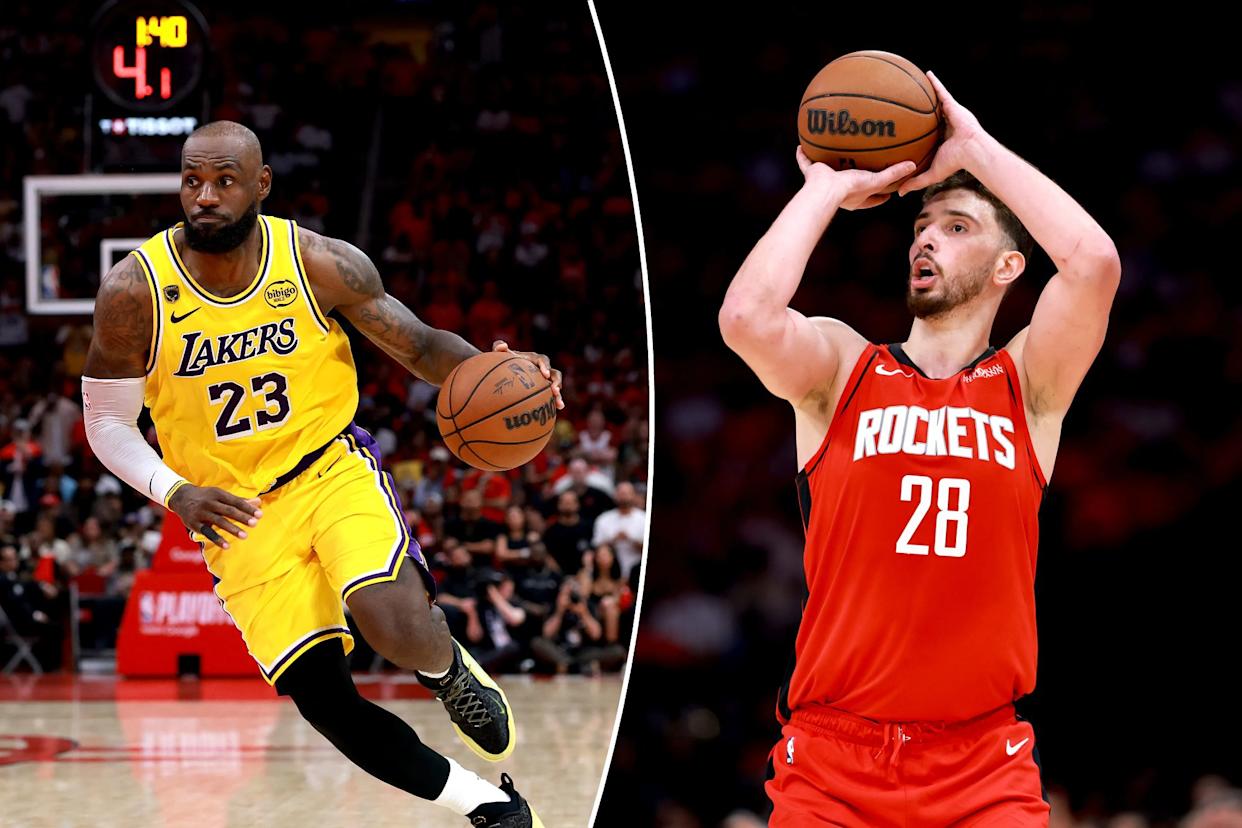 An image collage containing 2 images, Image 1 shows LeBron James of the Los Angeles Lakers drives to the basket against Alperen Sengun of the Houston Rockets, Image 2 shows Alperen Sengun of the Houston Rockets shooting a three-pointer