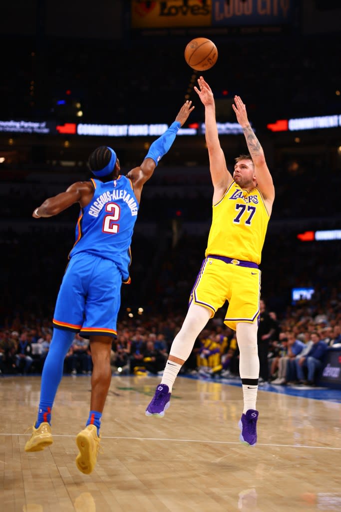 Luka Doncic of the Los Angeles Lakers shoots the ball during the game against the Oklahoma City Thunder on April 8, 2025 at Paycom Center in Oklahoma City, Oklahoma. NBAE via Getty Images