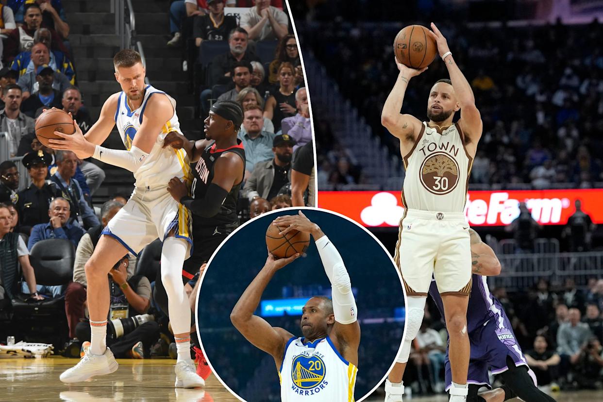 An image collage containing 3 images, Image 1 shows Kristaps Porzingis of the Golden State Warriors drives to the basket while being defended by a Houston Rockets player, Image 2 shows Stephen Curry shooting a three-pointer against the Sacramento Kings, Image 3 shows Al Horford shooting a three-point shot