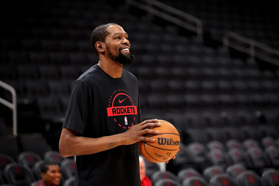 Apr 3, 2026; Houston, Texas, USA; Houston Rockets forward Kevin Durant (7) warms up prior to the game against the Utah Jazz at Toyota Center. Mandatory Credit: Erik Williams-Imagn Images