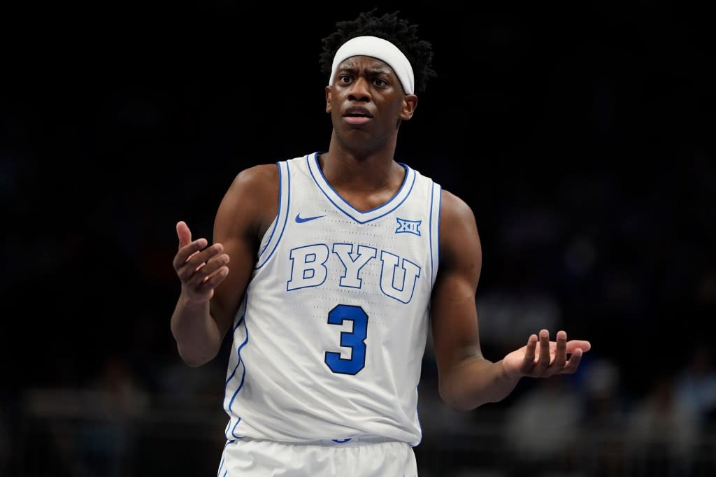 AJ Dybantsa of the BYU Cougars reacts to a call during a game against the Kansas State Wildcats in the first half during the first round of the Big 12 Tournament at T-Mobile Center on March 10, 2026 in Kansas City, Missouri. Getty Images