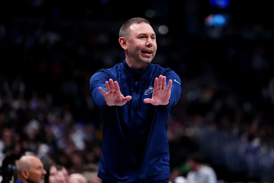 Apr 10, 2026; Denver, Colorado, USA; Denver Nuggets head coach David Adelman calls out in the second half against the Oklahoma City Thunder at Ball Arena. Mandatory Credit: Ron Chenoy-Imagn Images
