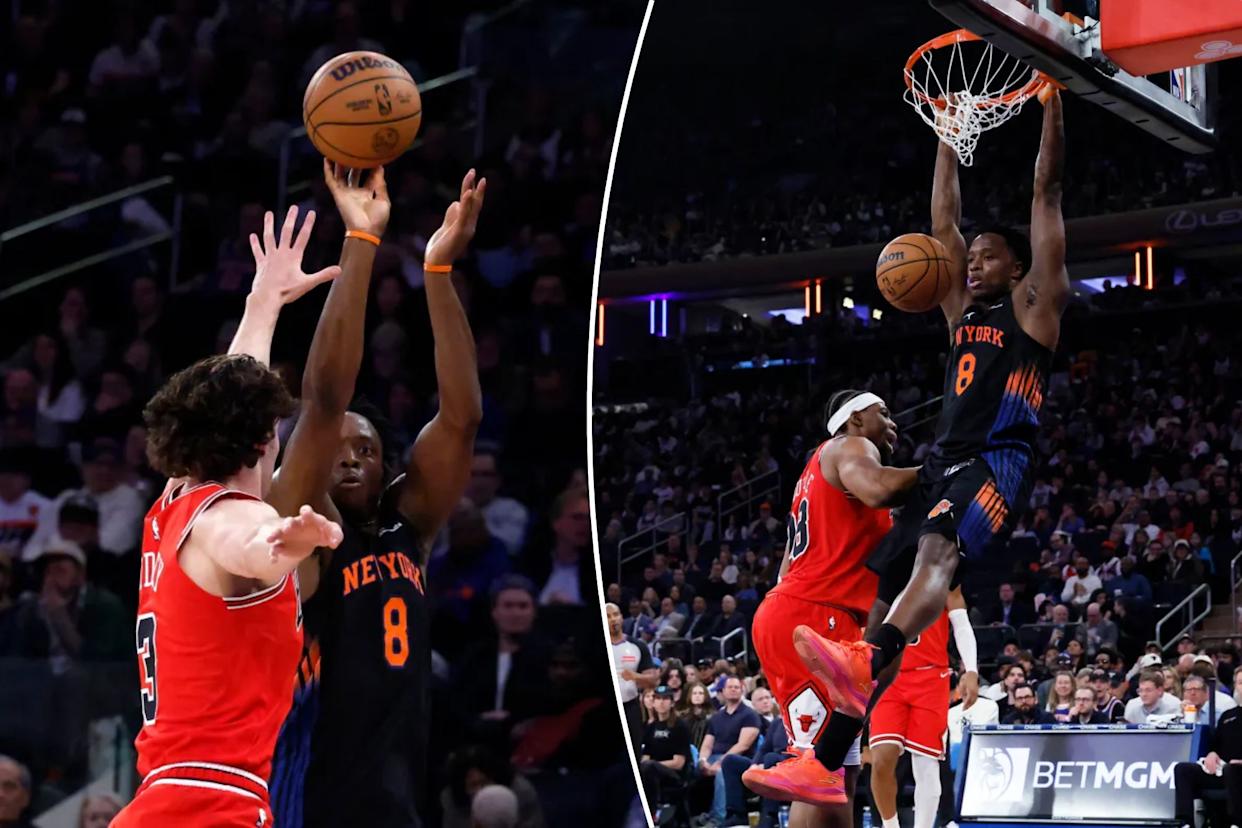 An image collage containing 2 images, Image 1 shows Knicks puts up a shot as guard Josh Giddey #3 of the Chicago Bulls defends during the first half at Madison Square Garden, Friday April 3rd, 2026, in New York, NY. , Image 2 shows Og Anunoby #8 of the New York Knicks slams the ball and is fouled by forward Guerschon Yabusele #28 of the Chicago Bulls during the first half at Madison Square Garden, Friday April 3rd, 2026, in New York, NY. 