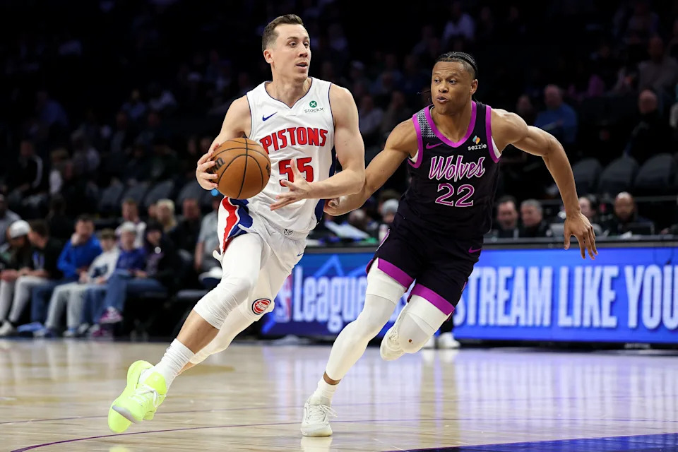 Detroit Pistons forward Duncan Robinson (55) works around Minnesota Timberwolves guard Jaylen Clark (22) during the second half at Target Center in Minneapolis on Saturday, March 28, 2026.