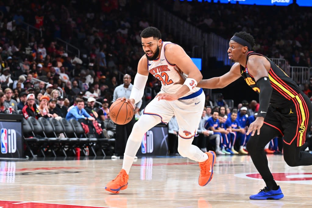 Karl-Anthony Towns #32 of the New York Knicks dribbles the ball during the game against the Atlanta Hawks on April 6, 2026 at State Farm Arena in Atlanta, Georgia. NBAE via Getty Images