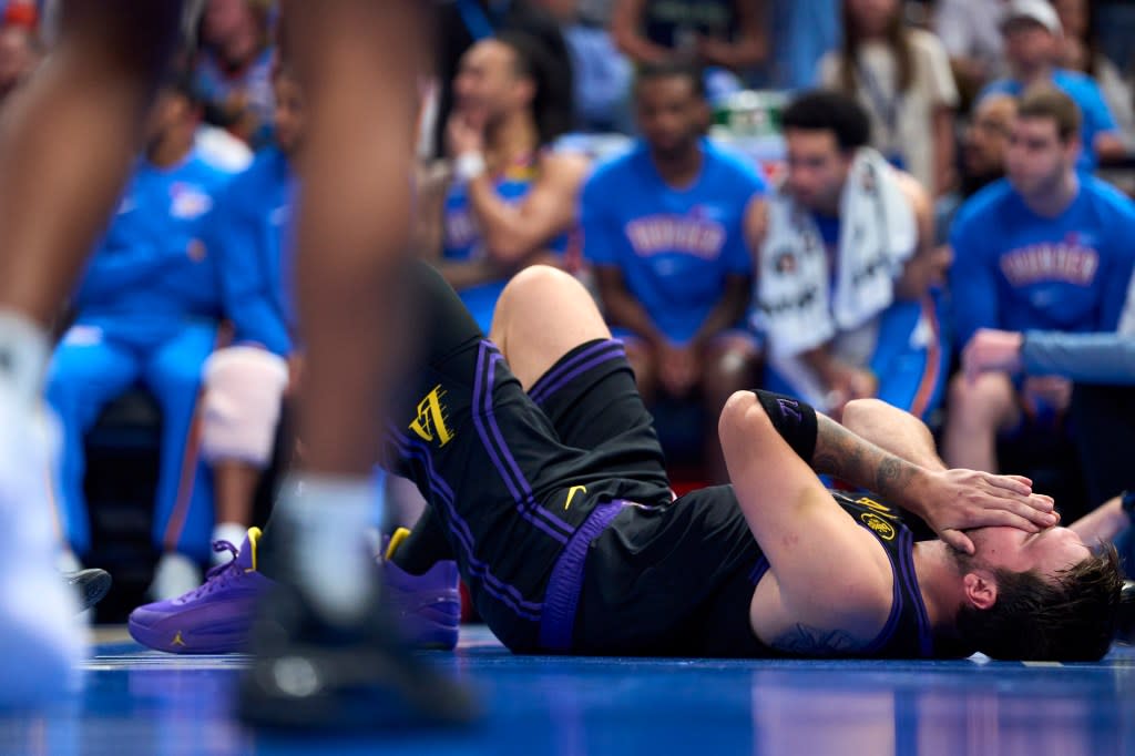 Luka Doncic of the Los Angeles Lakers reacts from the floor after a play during the second half against the Oklahoma City Thunder at the Paycom Center on April 2, 2026 in Oklahoma City, Oklahoma. (Photo by Cooper Neill/Getty Images) Getty Images