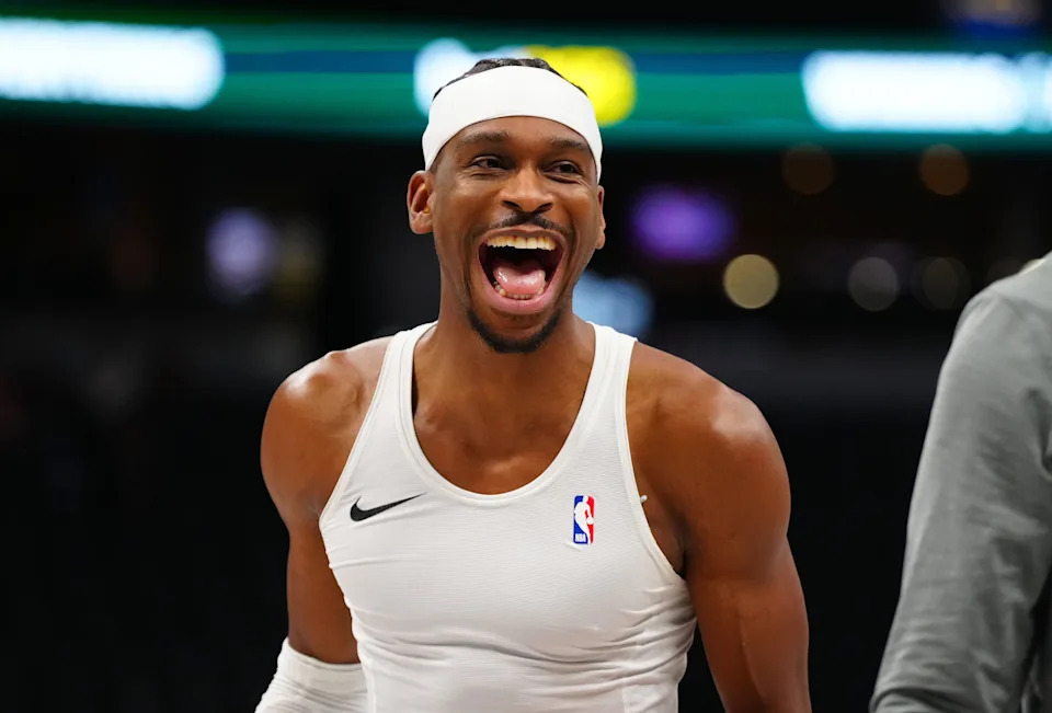 Apr 10, 2026; Denver, Colorado, USA; Oklahoma City Thunder guard Shai Gilgeous-Alexander (2) reacts before the game against the Denver Nuggets at Ball Arena. Mandatory Credit: Ron Chenoy-Imagn Images