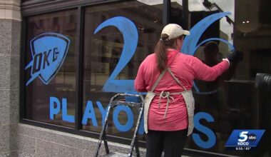 Oklahoma City artist returns with Thunder-themed window art for NBA playoffs