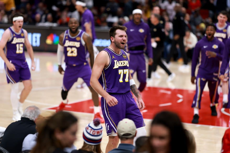 Luka Doncic of the Los Angeles Lakers celebrates after making a three pointer during the fourth quarter of the game against the Houston Rockets at Toyota Center on March 18, 2026 in Houston, Texas. (Photo by Kenneth Richmond/Getty Images)