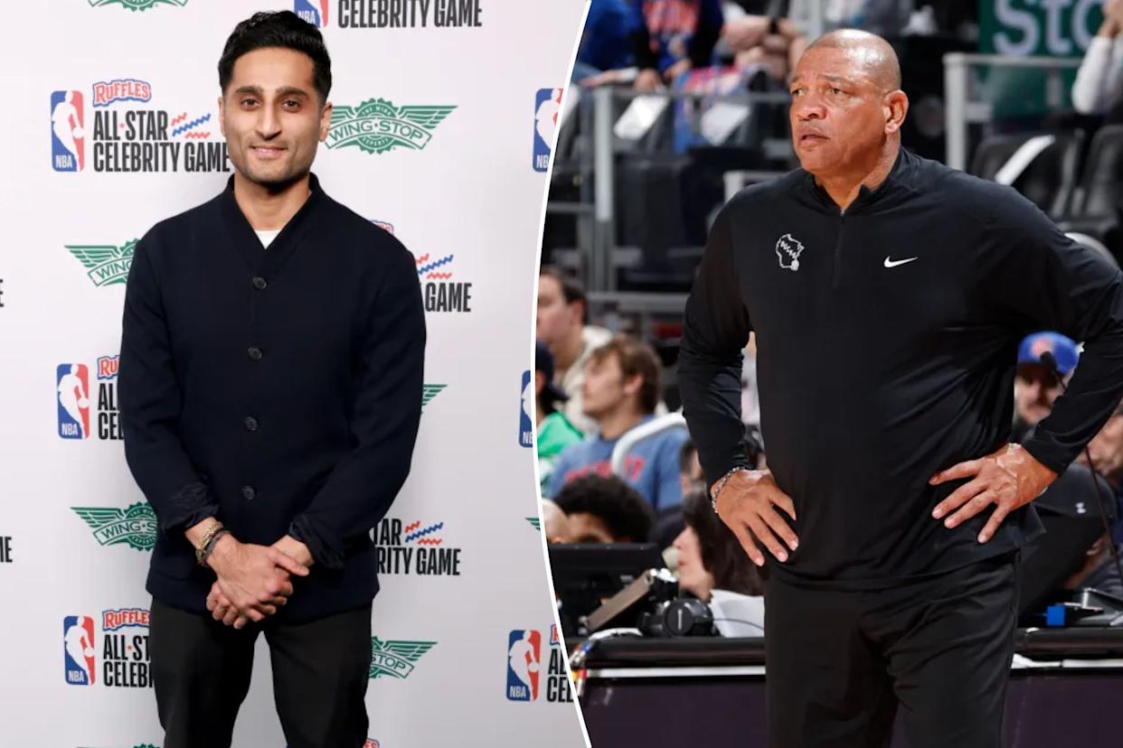 An image collage containing 2 images, Image 1 shows A man in a dark cardigan and black pants smiles in front of a white backdrop with logos for the NBA All-Star Celebrity Game, Image 2 shows Head Coach Doc Rivers of the Milwaukee Bucks watching the game