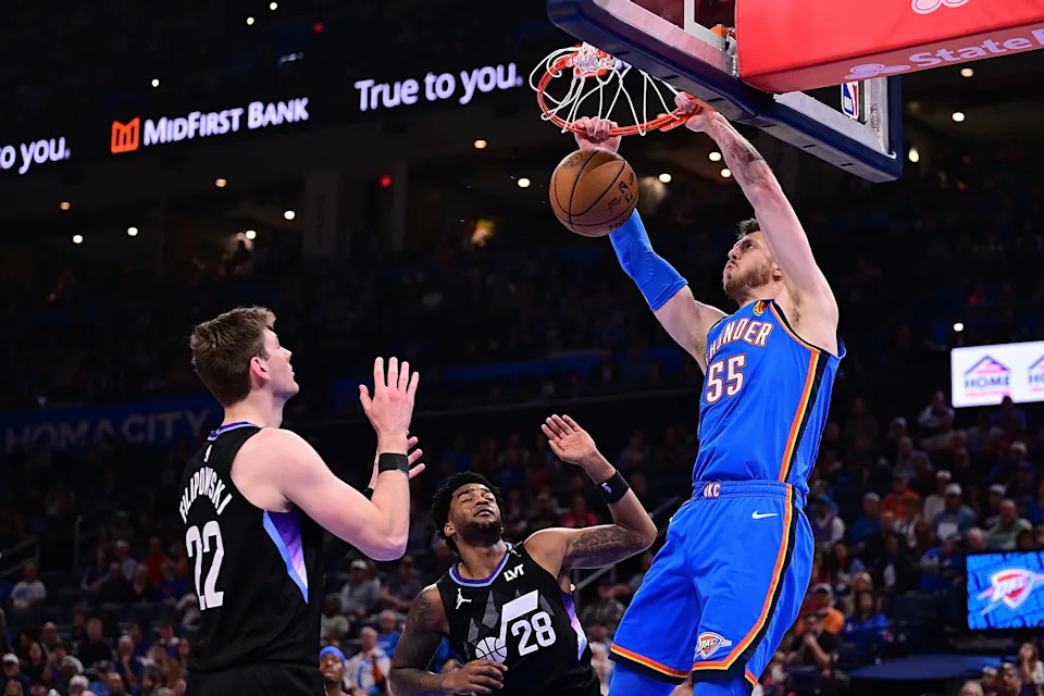 OKLAHOMA CITY, OKLAHOMA - APRIL 5: Isaiah Hartenstein #55 of the Oklahoma City Thunder dunks during the second half against the Utah Jazz at Paycom Center on April 5, 2026 in Oklahoma City, Oklahoma. NOTE TO USER: User expressly acknowledges and agrees that, by downloading and or using this photograph, User is consenting to the terms and conditions of the Getty Images License Agreement. (Photo by Joshua Gateley/Getty Images)