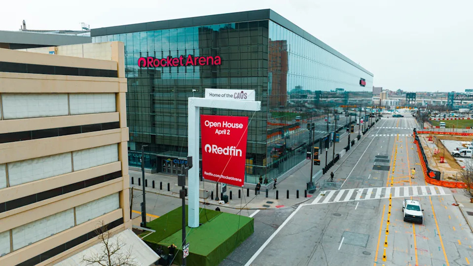 The Redfin open house sign outside Rocket Arena. The arena will host a garage sale and open house for fans Wednesday, April 2.